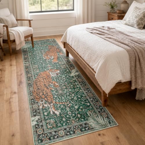 Moynesa 2'6"x8' Runner Rug for Hallway, Washable Green Boho Tiger Runner - color: Green, size: 2'6" x 8' (Rectangular)