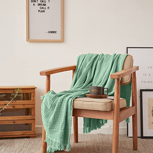 Simple&Opulence Cotton Muslin Throw Blanket for Bed, Couch, Knit Woven Gauze Blanket with Tassels, Soft Lightweight Cozy Pre-Washed Breathable Farmhouse Decoration for All-Season (Mint Green) - color: Mint Green