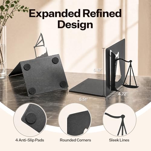 Book Ends for Shelves, Balance-Inspired Decorative Bookends for Heavy Books, Extra Wide Sturdy Metal Book Holder for Shelf with Non-Skid Base, Sculptural Book End for Home Office Desk Set of 2