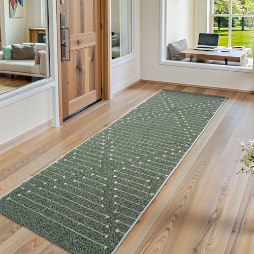 LIVEBOX 2x6 Green Entryway Runner Rug, Hallway Kitchen Cotton Woven Runners, Washable Narrow Rugs for Laundry Room (Dark Green & White) - color: Dark Green & White, size: 2' x 6' (Runner)