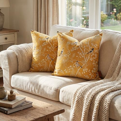 Decorative Velvet Pillow Covers 18x18 Set of 2, Bird Leaf Print Covers - color: Ochre
