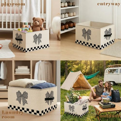 Coquette Black and White Checkered Bow Storage Basket Organizer - color: Coquette Checkered Bow