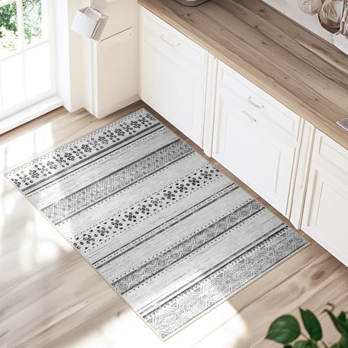2x3 Washable Area Rugs for Living Room Boho Bathroom Rug Grey/Black/Navy - color: Grey/Black/Navy, size: 2' x 3' (Rectangular)