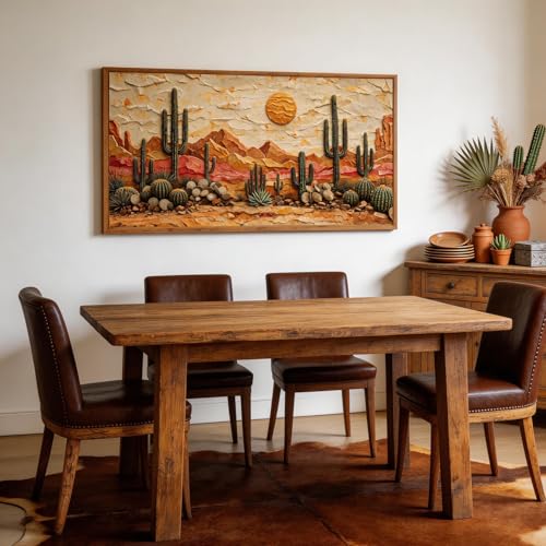 Aurlan 3D Textured Cactus Arizona Desert Framed Canvas Wall Art 40x20 Inch - color: Cactus Desert (3D Textured), size: 40"L x 20"W