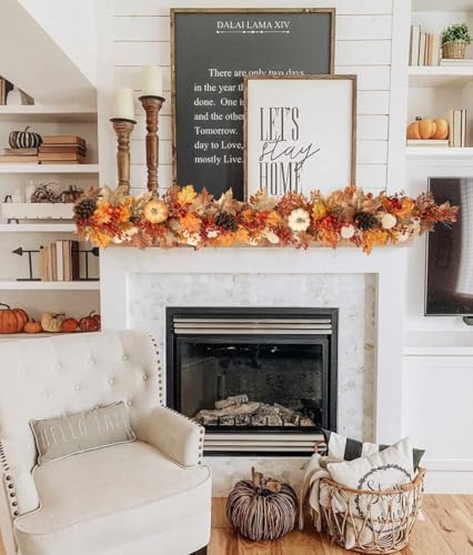 6FT Fall Garland for Mantle with Lights, Pumpkins, Pinecones, Berries - color: Brown