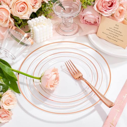 bUCLA 150PCS Clear Rose Gold Disposable Dinnerware set - Rose Gold Plastic Plates Include 25 Dinner / 25 Dessert Plates, 25 Knives, 25 Forks, 25 Spoons, 25 Cups for Party & Wedding - color: Clear Rose Gold