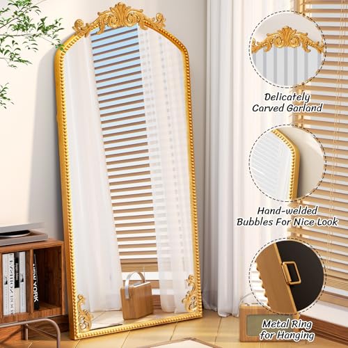 Gold Arched Full Length Mirror 71"x32", Large Luxurious Baroque Inspired Floor Mirror, Ornate Antiqued Wall or Floor Mirror with Tempered Glass for Living Room/Bedroom/Hallway/Home Decor - color: Gold, size: 71"L x 32"W