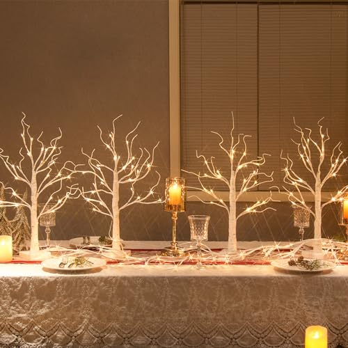 Vanthylit Christmas Tree Decorations, White Birch Tree with LED Lights- Set of 4, Warm White Small Tree Lights Battery Powered/USB, Timer Lighted Tree for Home Wedding Indoor Outdoor Decor (2 FT) - size: 4-Pack, 2 ft
