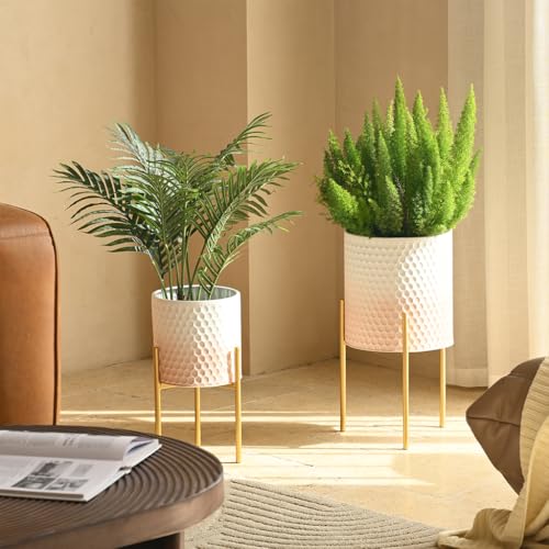 Modern Planter Pots, Set of 2 White Pink Planters with Stand, Decorative Planters, Metal Pots with Drainage Holes for Living Room, Office, Garden - color: White & Pink