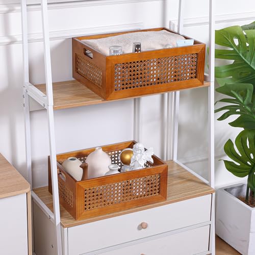Rattan Wooden Box Set of 2 Handmade Decorative Storage Basket with Handles - color: Brown, size: 2 Set - 15" x 11" x 5.9", 13.8" x 9.8" x 5.5"