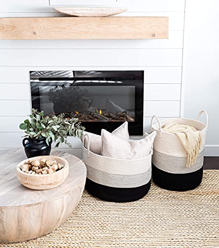 OrganiHaus Round Toy Basket & Blanket Basket, Cotton Rope 20x13" - color: 3-toned Black, size: Wide
