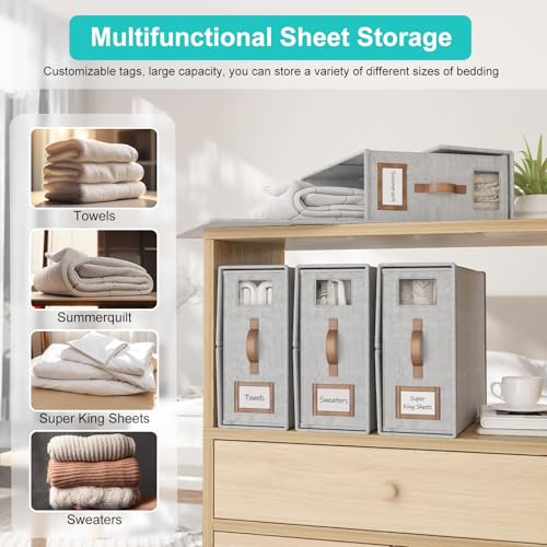 8 Pack Foldable Bed Sheets Set Organizers and Storage(Cal King Size),Linen Fabric Closet Organizers with Window,Folding Bedding Storage Box for Bedsheets and Pillow Cube Organizer-Gray - color: Gray, size: 8 Pack-Cal King Size-5.2 Gal