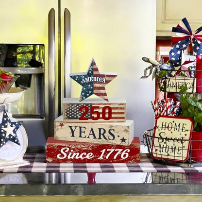 Amyhill 250th Anniversary Decorations Patriotic Wood Block Signs Table Centerpiece 1776-2026 Stars Stripes Tiered Tray Decor for 4th of July Independence Day Home Kitchen Office - style: American Star