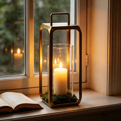 15" High Minimalist Metal Glass Lantern with Handle in Antique Brass for Pillars, Hurricane Candle Holder for Mantels, Tabletop, Centerpieces, Shelves, Entryways, Patio, Deck, Contemporary, Farmhouse - size: 15"