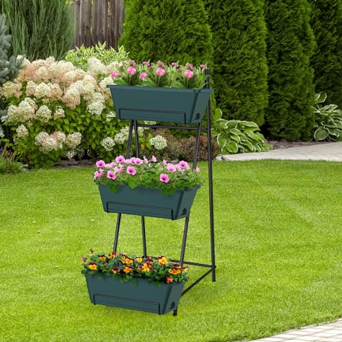Raised Garden Bed 3 Tier Vertical Garden Planter Standing Garden Bed Planter Box Outdoor Herb Planter with Drainage Holes Removable Tray for Patio Balcony Porch Green - color: Green
