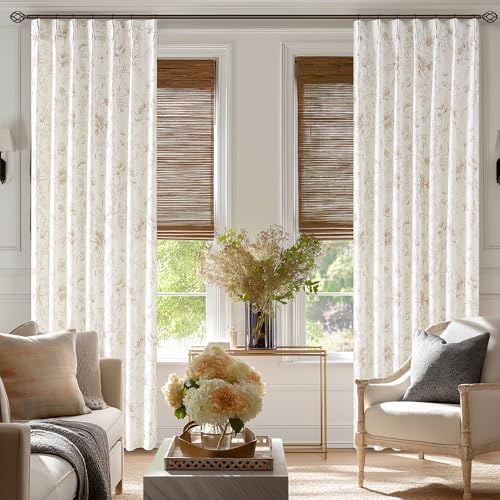 Linen 102 Inch Curtains Pleated Neutral Semi Sheer Coffee Floral Curtain - color: Coffee, size: 40"W x 102"L (Pack of 2)