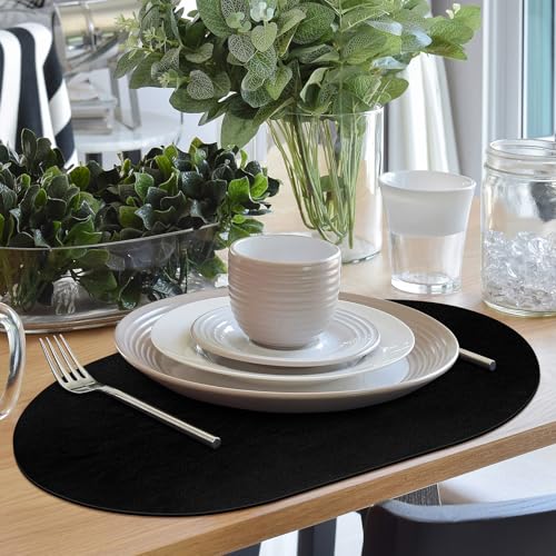ADRIMER Oval Placemats Set of 6, Wipeable Faux Leather, Black - color: Black