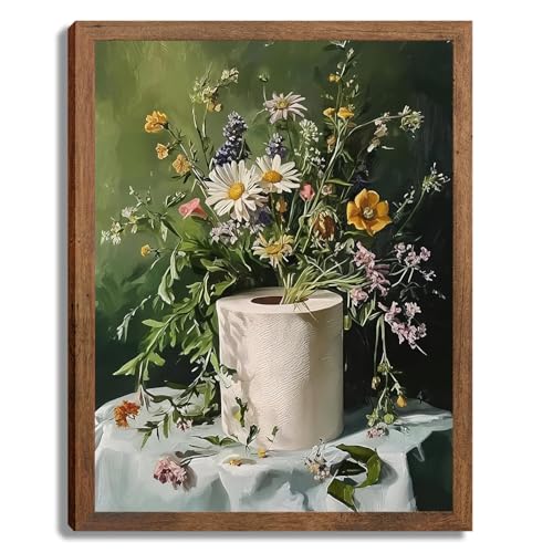 Vintage Bathroom whimsical decor Wall Art Toilet Paper Picture Painting Print Wall Decor, Cottage core decor Poster Green Botanical Floral Canvas for Bathroom Restroom Home Decor 08x12in Wood Framed - color: Bathroom Floral, size: 10"L x 8"W
