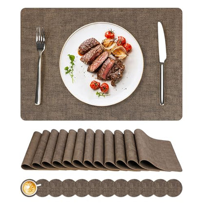 NCUE Vinyl Placemats Set of 12, 17"x12" Wipeable Place Mats with Coasters - color: Dark Coffee, size: Set of 12