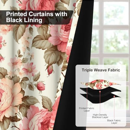 Pink Rose Blackout Curtains for Girls Room and Nursery, Floral Living Room Darkening Curtains 84 Inch Long 2 Panels Set, Spring and Summer Soundproof Thermal Insulated Bedroom Curtains with Tiebacks - color: Pink Peonies