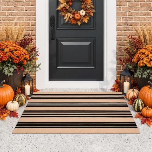 LEEVAN 2.3'X3.6' Black and Tan Striped Woven Cotton Reversible Outdoor Rug - color: Black and Tan, size: 2'3" x 3'6"