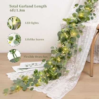 N&T NIETING 6 Pack Artificial Eucalyptus Garland with Lights, 6FT Artificial Greenery Summer Garlands, Battery Operated Twig Vine for Room Stairs Mantle Wedding Holiday Decoration Indoor Outdoor - size: 6