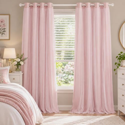 Blush Pink Blackout Curtains with White Sheer Overlay for Girls Bedroom - color: Blush Pink, size: 52"W x 84"L (Pack of 2)