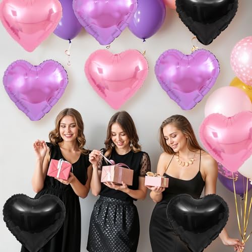Pink Purple Black Heart Foil Balloons,12Pcs 18Inch Heart Shaped Balloons - color: Black Pink Purple