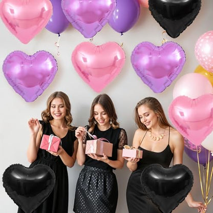 Pink Purple Black Heart Foil Balloons,12Pcs 18Inch Heart Shaped Balloons - color: Black Pink Purple