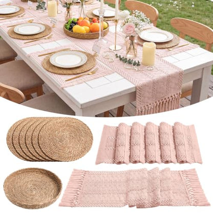 Boho Table Runner and Placemats Set, 6 Sets, Pink, 12x72 - color: Pink, size: 12x72"