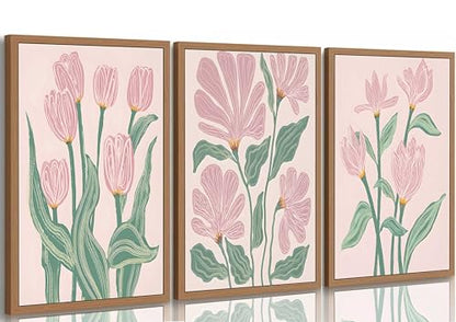 hijyord 3 Pcs Pink Tulips Flowers Canvas Wall Art Unframed - color: Poster, size: 24"L x 16"W