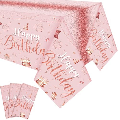Tudomro 3 Pcs Plastic Happy Birthday Party Tablecloths,Pink Rose Gold - color: Pink Rose Gold