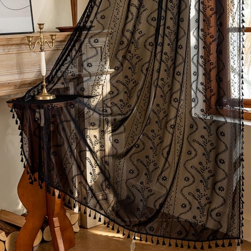 WAZZIO Boho Sheer Curtains 2 Panels,Victorian Lace Drapes,Black,W52 x L63 - color: Black, size: 52"W x 63"L (Pack of 2)