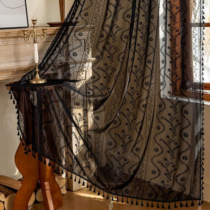 WAZZIO Boho Sheer Curtains 2 Panels,Victorian Lace Drapes,Black,W52 x L63 - color: Black, size: 52"W x 63"L (Pack of 2)