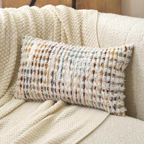 Aeckself Boho Chenille Tufted Pillow Cover 12 x 20 Inch, Rectangle Decorative Lumbar Throw Pillow Cover Neutral Pillowcase for Couch Bedroom Living Room, Orange White - color: Orange White, size: 20" x 12" (Pack of 1)