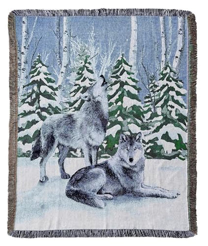 Lodge Wolf Woven Tapestry Throw Blanket 50 X 60 Inches - color: Wolves