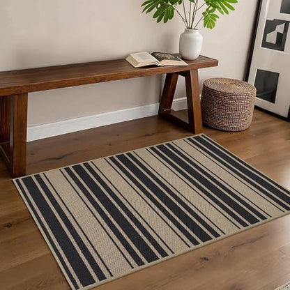 Striped Easy Jute Kitchen Rug 2x3 Entryway Rug Front Door Mat - color: Black/Striped, size: 2'*3'(Rectangular)