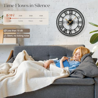 30" Large Wall Clock Decorative for Living Room, Black Metal Roman Numeral Big Clock Completely Silent, Oversized Wall Clocks Battery Operated for Kitchen, Bedroom, Fireplace - size: 30 inch