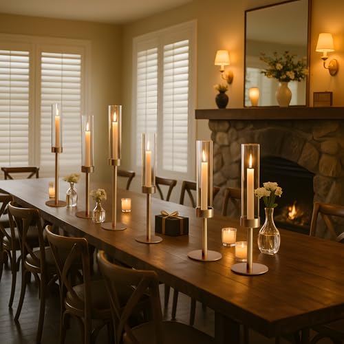 6Pcs Hurricane Glass Candle Holders Gold Candlestick Holders Taper Candle Holder with 9.8" Windproof Clear Cylinder Covers for Outdoor Indoor Tall Candle Stick Holder Decor for Wedding Party Fireplace