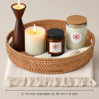 Round Rattan Serving Tray, Natural Wicker Decorative Tray for Serving, Fruit/Bread Serving Basket, Round Woven Tray with Handles.(Large:13.8inch) - size: 13.8"