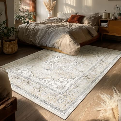 Washable Living Room Area Rug: 4x6 Bedroom Rug Non Slip Soft Boho Carpet - color: Beige White and Black, size: 4' x 6' (Rectangular)