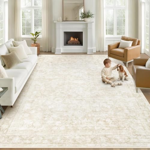 8x10 Area Rugs for Living Room: Washable Large Vintage Floral Rug Low Pile Non-Slip Boho Carpet for Bedroom Dining Home Office (Beige, 8'x10') - color: Beige, size: 8' x 10' (Rectangular)