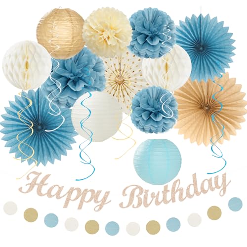 Light-Dusty Blue Beige-Champagne Women Birthday-Decorations - 21pcs Boho Neutral Happy Banner Garland,Paper Streamers Lanterns,Flower Tissue Pom Poms Fan Supplies,Wall Backdrop Party Decor Huglony - color: Light-dusty Blue Beige-champagne