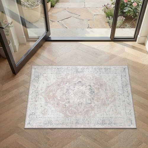 PureCozy Pink Blue 2x3 Area Rug Washable Vintage Distressed Medallion - color: Vintage | Pink Blue, size: 2' x 3' (Rectangular)