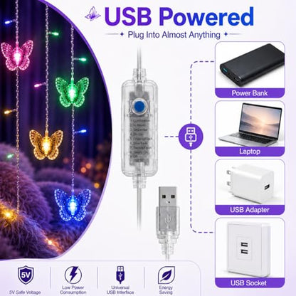 Butterfly Curtain Fairy Lights USB Plug in,8 Modes 120 LED 20FT Firefly Twinkle Timer String Lights with Remote, Waterproof Copper Wire for Bedroom Patio Christmas Wedding Party (Cool White) - color: Cool White