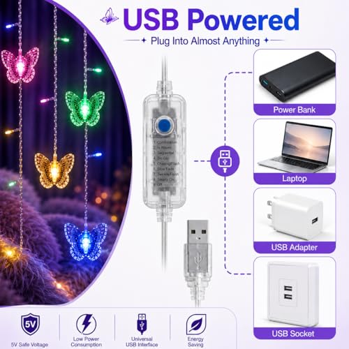 Butterfly Curtain Fairy Lights USB Plug in,8 Modes 120 LED 21FT Firefly Twinkle Timer String Lights with Remote, Waterproof for Bedroom Patio Christmas Wedding Party (Warm White) - color: Warm White