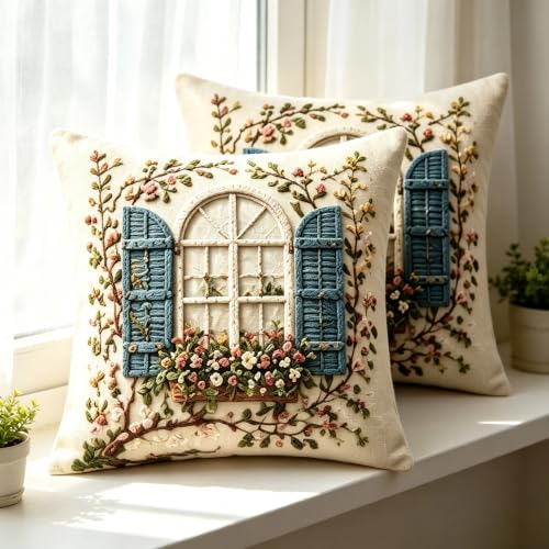 2D Flat French Arch Window Floral Linen Throw Pillow Covers 18x18 Set of 2 - color: A20025, size: 18" x 18" (Pack of 2)