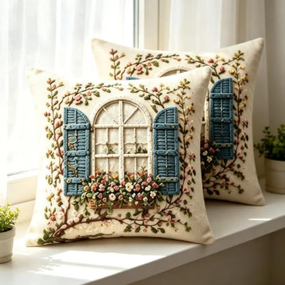2D Flat French Arch Window Floral Linen Throw Pillow Covers 18x18 Set of 2 - color: A20025, size: 18" x 18" (Pack of 2)