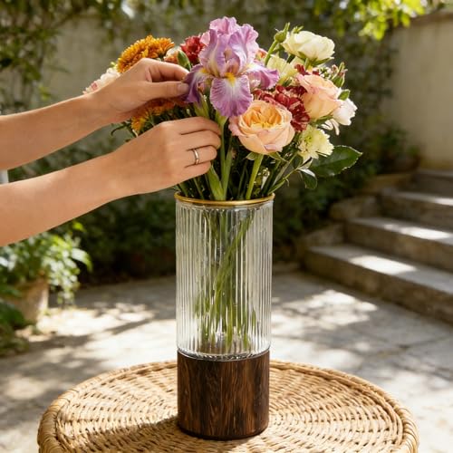 Artistic Wood Glass Vase,Wooden Base,Tall Vases Bottles for Flowers, Cylinder Vases for Wedding Centerpieces Table Shelf Decor - style: French