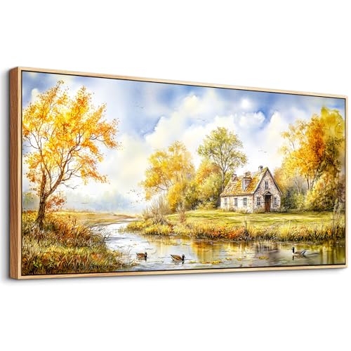 ERQINHUA Canvas Wall Art For Living Room Farmhouse Dining Room Home Wall Decor For Bedroom Office Wall Decoration Yellow Pastoral Creek Landscape Painting Wood Frame Prints Pictures Artwork 20"x40" - color: Yellow Pastoral Creek Landscape Painting Wood Fr